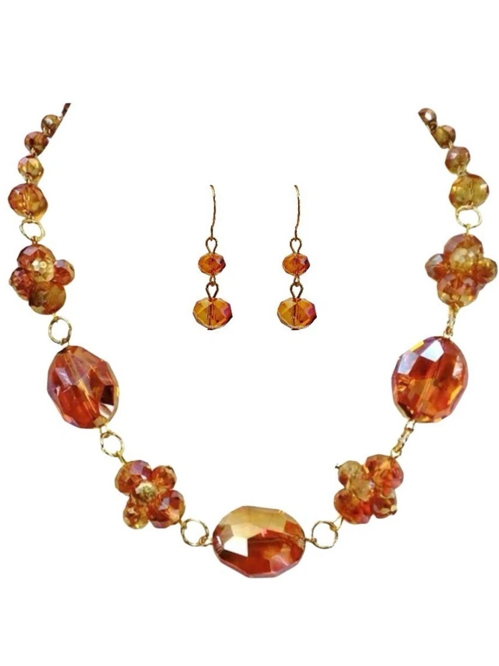 Orange Glass Bead Necklace Earring Set Gold Tone Statement Evening Jewelry New